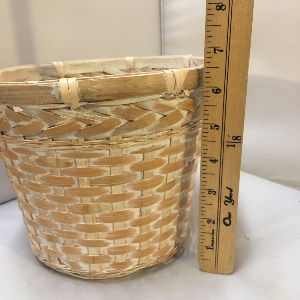 Woven Wicker Basket Small Tan Whitewashed Round Boho Decor Coastal Waste Bin - Picture 6 of 6